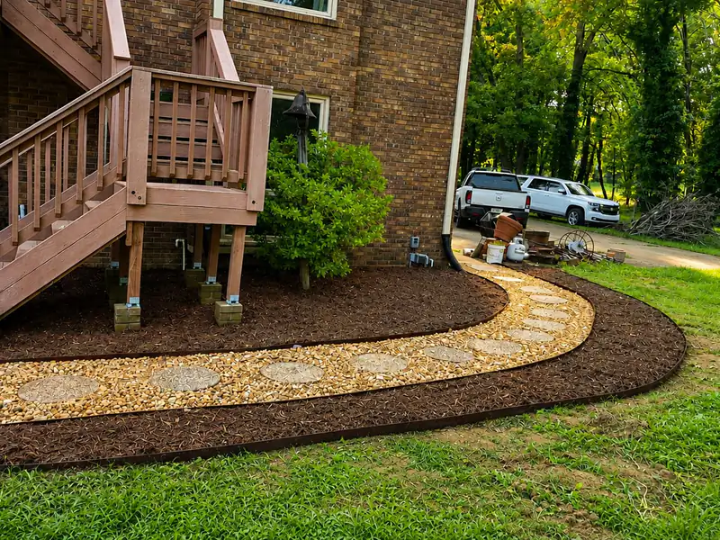 The finished stepping-stone path from the yard side, curving away toward the driveway.