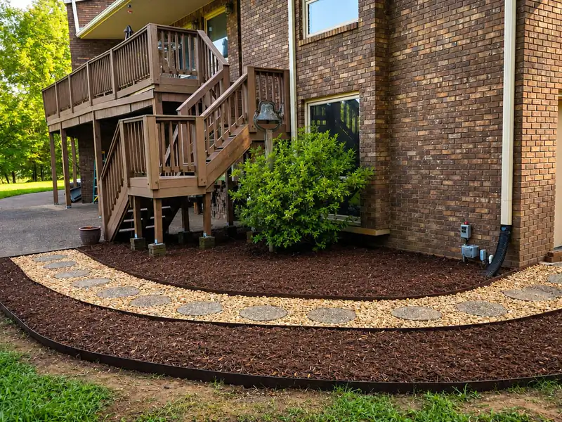A curved river-rock path with round stepping stones running beside the deck, bordered by dark mulch.