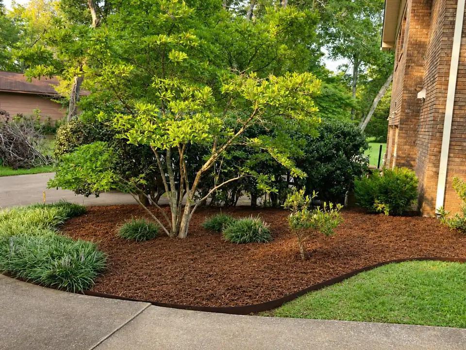 A mature ornamental tree encircled by a freshly installed red-brown mulch ring with a clean steel-edged border — recent tree-ring mulching in Chattanooga by Scenic Garden Solutions.