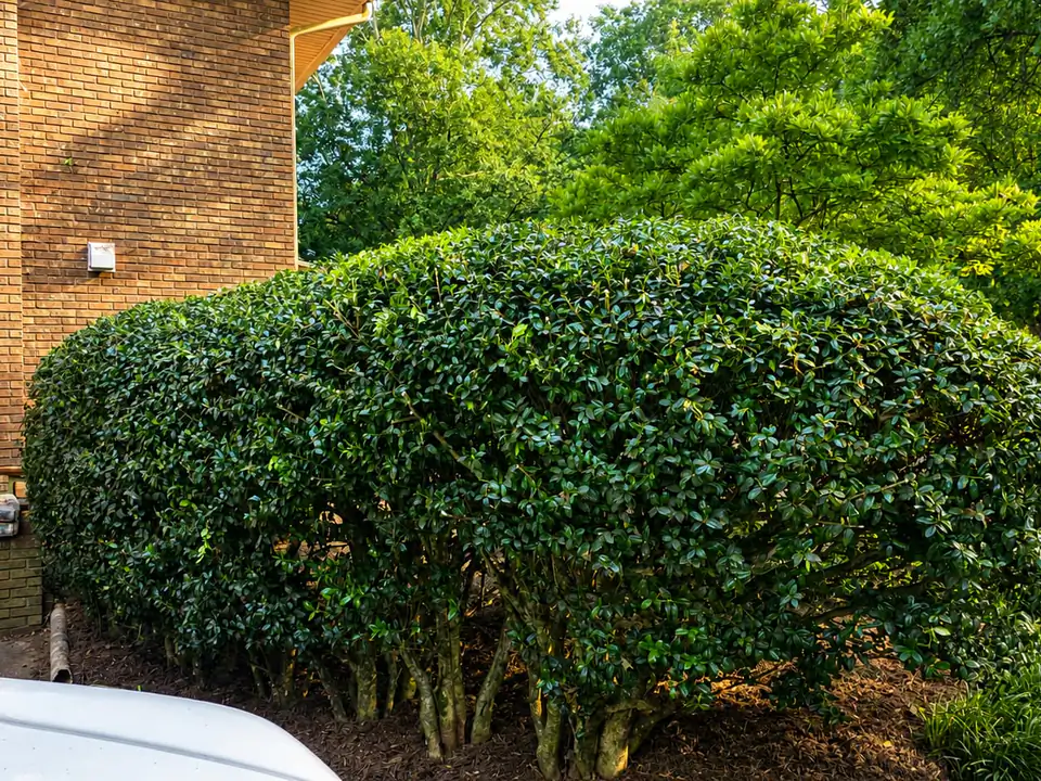 A large holly hedge freshly trimmed into a clean rounded form beside a brick home — recent renovation pruning in Chattanooga by Scenic Garden Solutions.