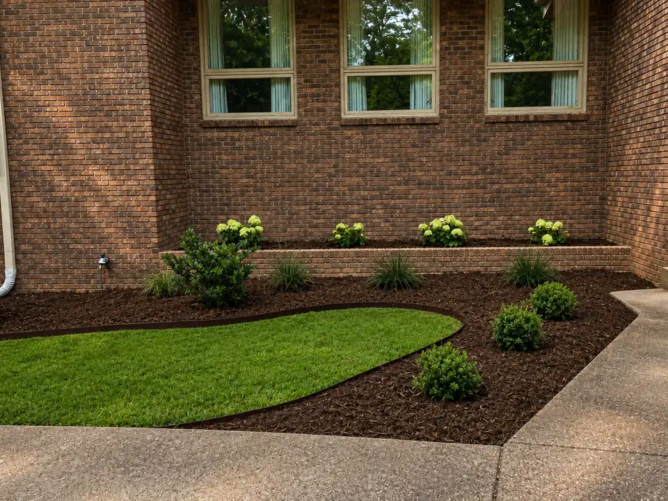 A curved patch of fresh green sod bordered by a mulched foundation bed and trimmed shrubs at a Chattanooga home — recent sod installation by Scenic Garden Solutions.