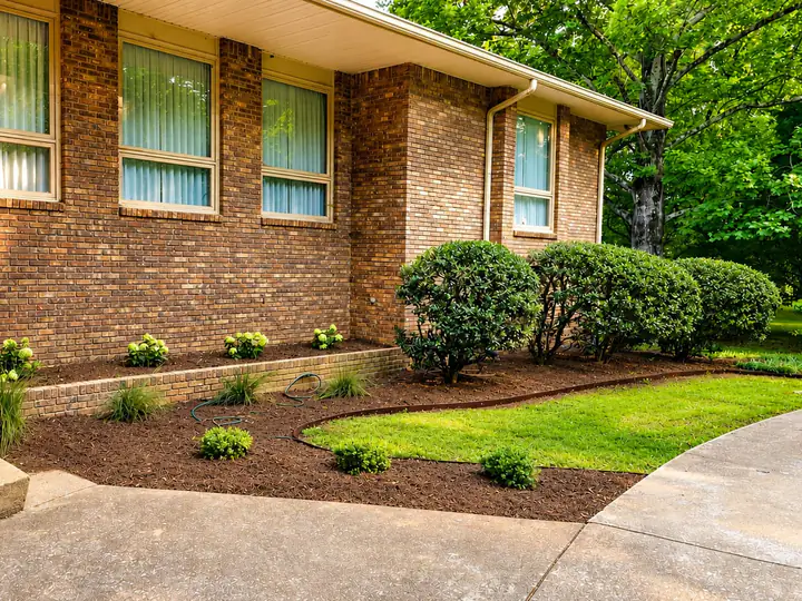 A Chattanooga front yard with fresh red-brown mulch beds, trimmed shrubs, and a newly grassed lawn — recent mulching job by Scenic Garden Solutions.