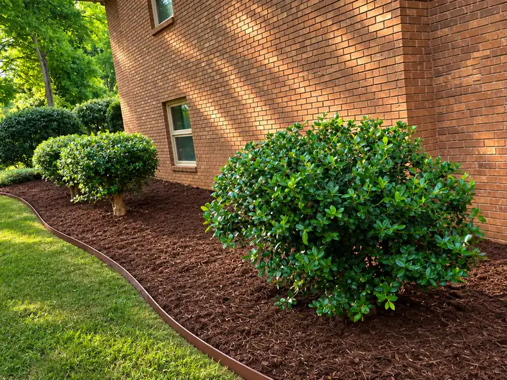 A row of neatly trimmed boxwood shrubs along a brick foundation bed at a Chattanooga home — recent shrub-trimming job by Scenic Garden Solutions.