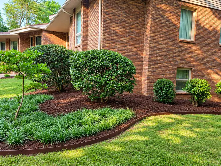 A lush, freshly laid sod lawn wrapping clean mulch beds at a Chattanooga home — recent sod installation by Scenic Garden Solutions.